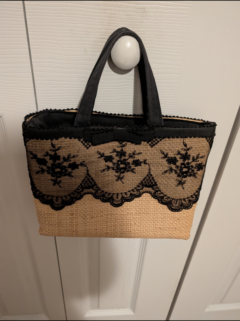 Angelica Woven Straw Purse with Black Lace Trim